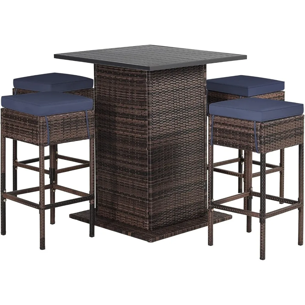 

5-Piece Outdoor Bar Set, Wicker Rattan Bar Height Patio Set w/4 Cushion Bar Stools & Table with Hidden Storage, 5PCS Outdoor Hi