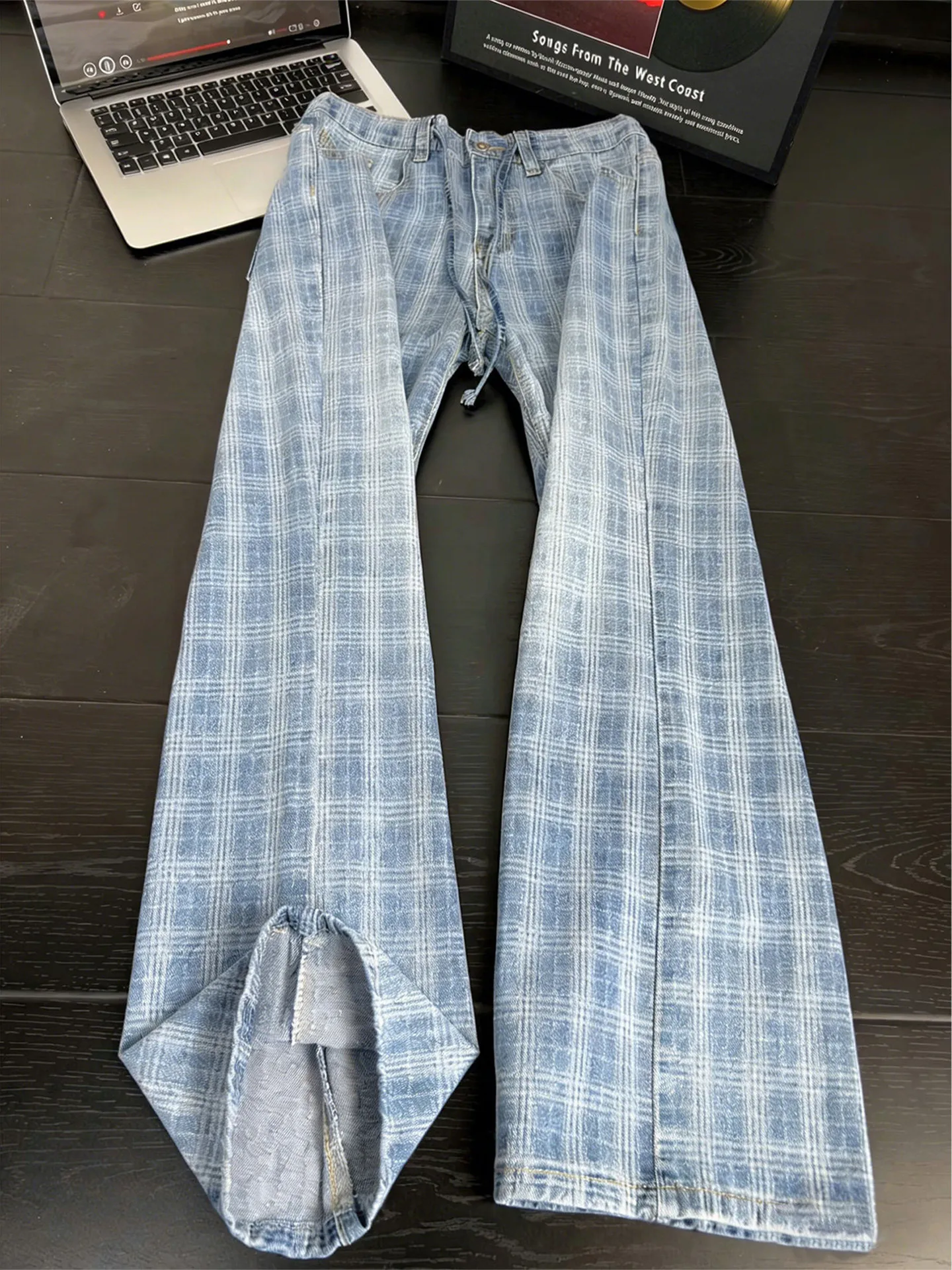 

Blue Plaid Men's Jeans Spring Trendy Design Workwear Pants American High Street Straight Leg Micro Flared Trousers