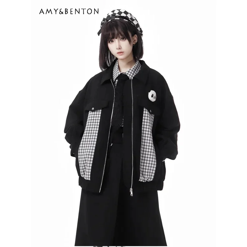 

25COSPreppy Style Cute Cartoon Patchwork Lapel Jacket Long-sleeved Plaid Shirt Fake Two-piece Culottes Kawaii Three-piece Set Wo