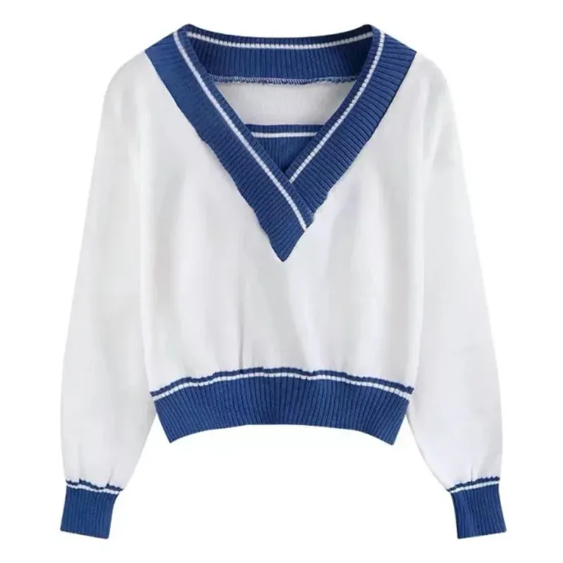 Cropped Sweater Women Knitted V-Neck Preppy Style Sweet Pullover Patchwork Fashion Casual Harajuku Long Sleeve Lady Jumper