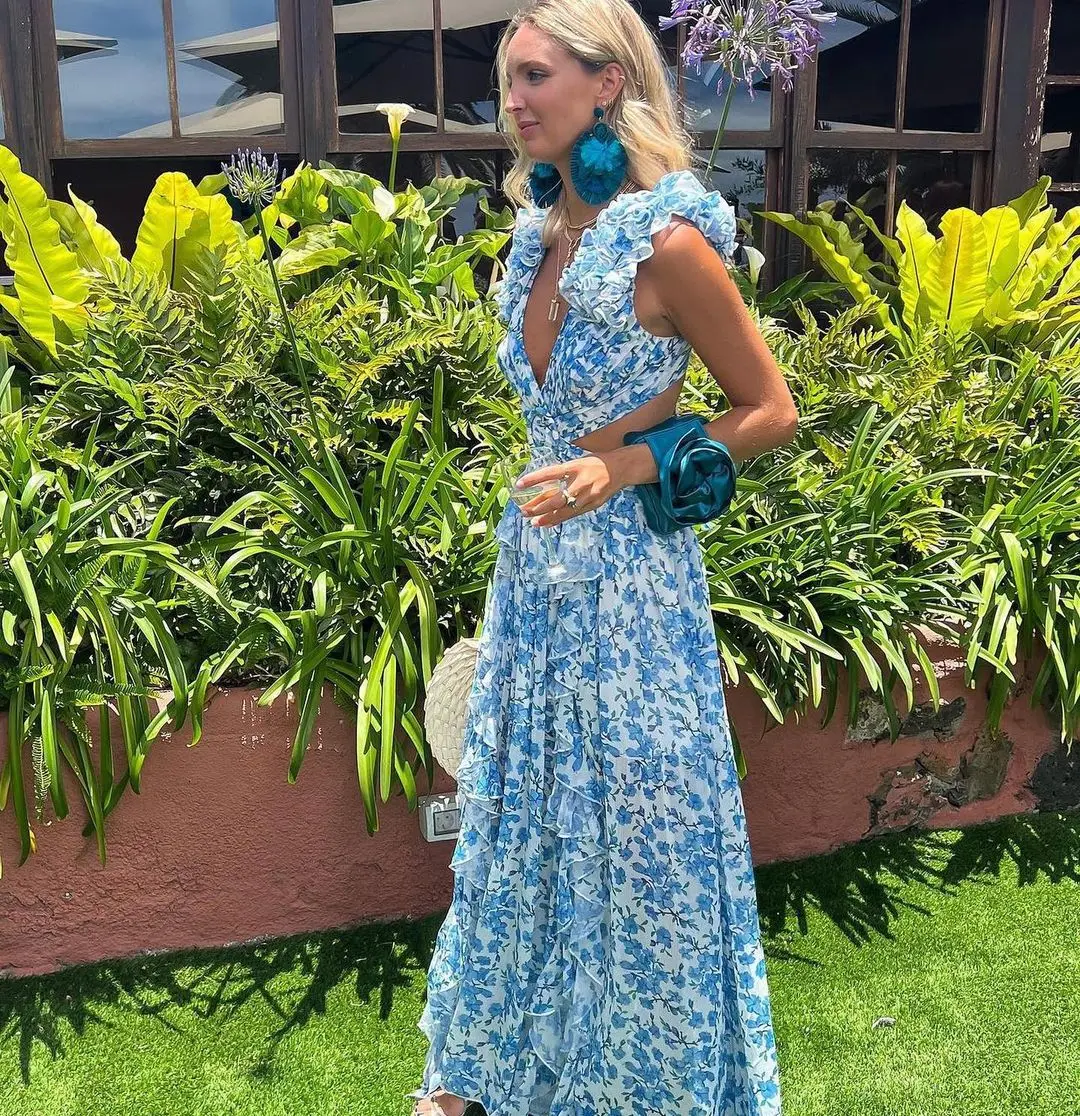 Vestido largo de verano para mujer, traje sin mangas con cuello en V, corte acampanado, Floral, para fiesta en el jardín y en la playa