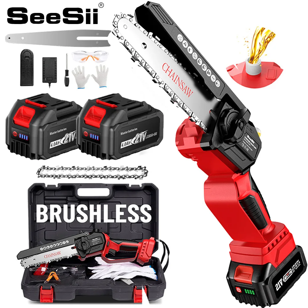 SEESII 6''Mini Chainsaw kit Cordless Brushless Electric Saw Chainsaw Battery for Garden Cutting Loppers Wood Cutting Power Tools