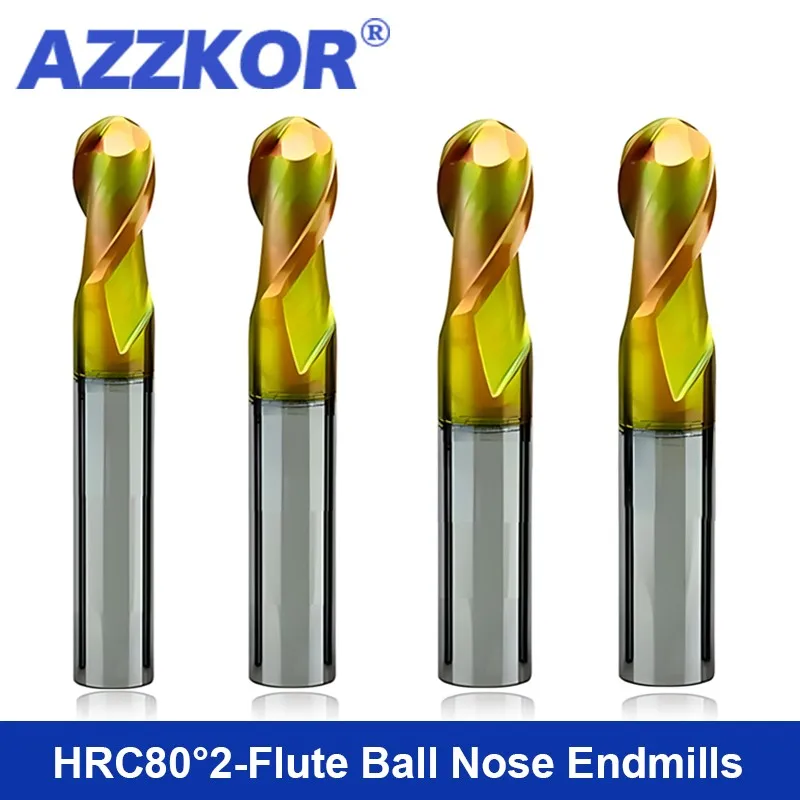 AZZKOR HRC80 High Hardness Endmills 2-Flute Tungsten Steel Carbide Colorful Coating Ball Nose Milling Cutter CNC Machining Tools