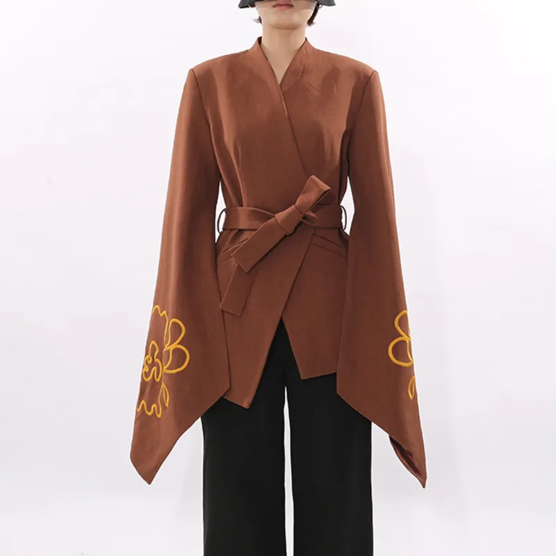 FANAN Elegant Embroidery Design Irregular Blazers For Women V Neck Belt Gathered Waist High End Jackets Female Autumn New