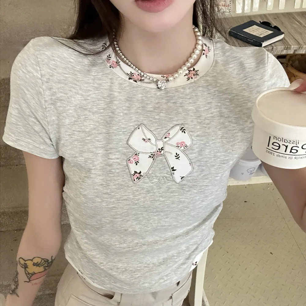 

Sweet Bowknot Summer Woman T-shirts Floral Pleated Short Sleeve Girls Chic Tops Female Casual O-neck Gray Slim Kawaii Tee Ladies