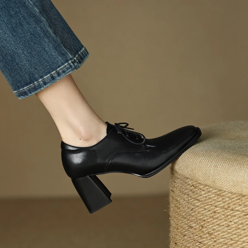 New Spring/Autumn Women Loafers Square Toe High Heels Split Leather Chunky Heel Women Pumps Plus Size Retro Lace Up Black Shoes