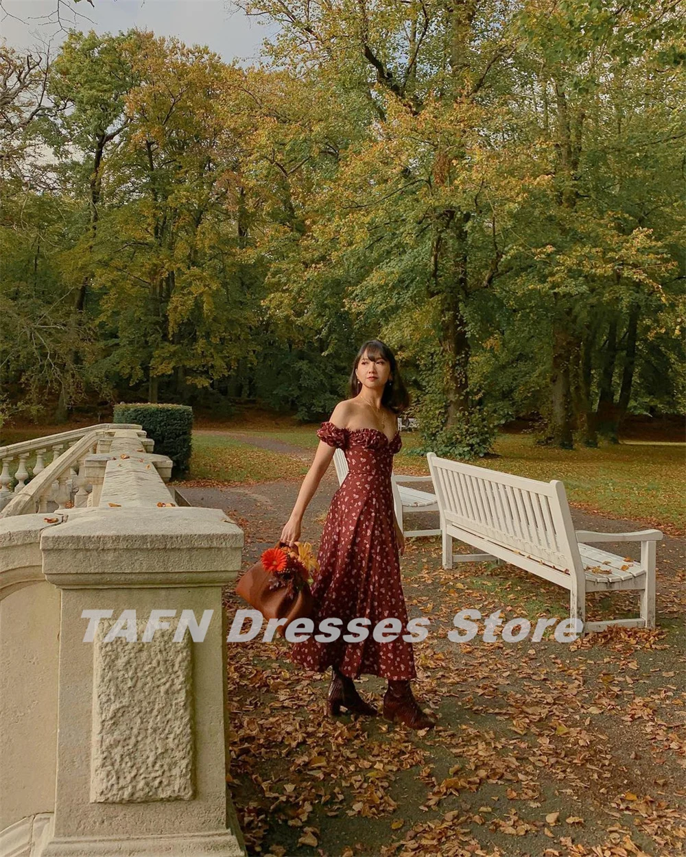 TAFN French Retro Literary Dresses Off the Shoulder A-line Draped High Slit Prom Gown Tea-Length Party vestidos de festa