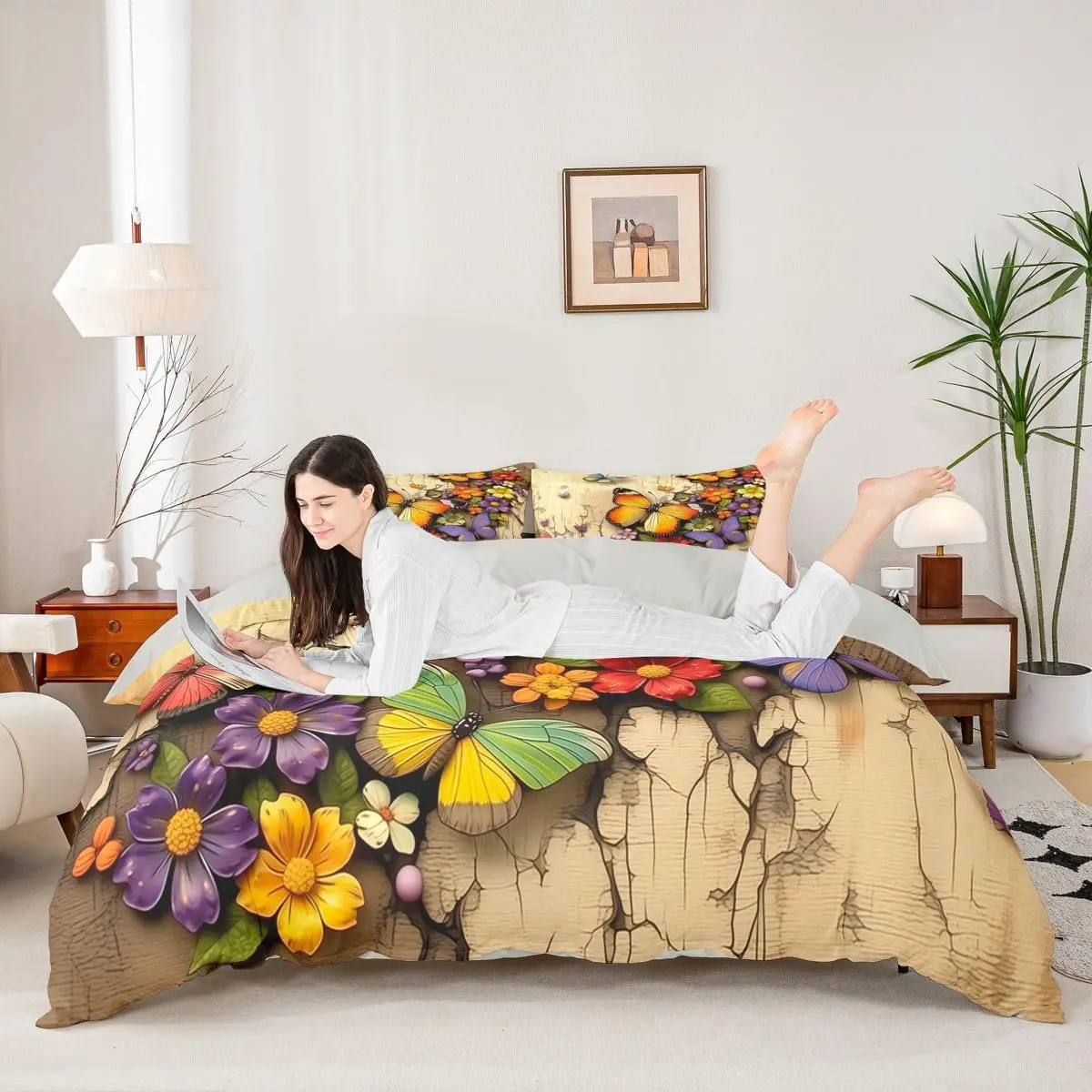 Butterfly Cot Bedding Floral Duvet Cover Set Farmhouse Style Tree Quilt Cover Vintage Brown Leaves Bed Sets