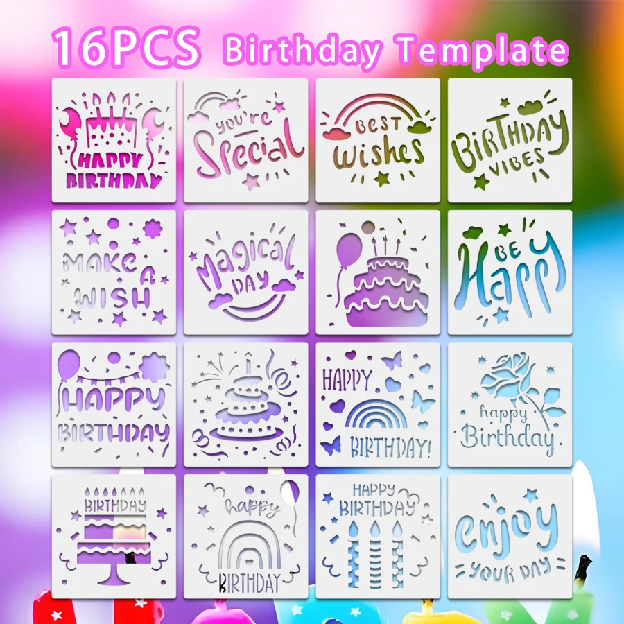16PCS 5.9*5.9inch Birthday Stencil Set DIY Card Making Painting Templates