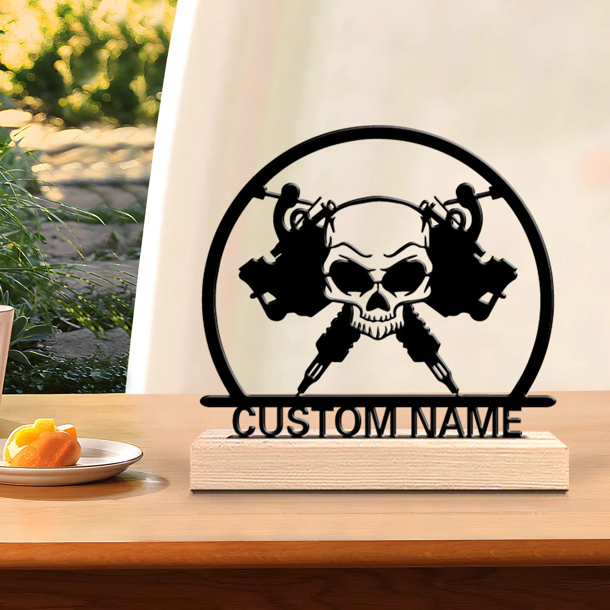 1pc Skull Compass Custom Name Metal Statue Iron Ornament Handicraft With Wood Base Tin Sculpture For Home Desk Decor
