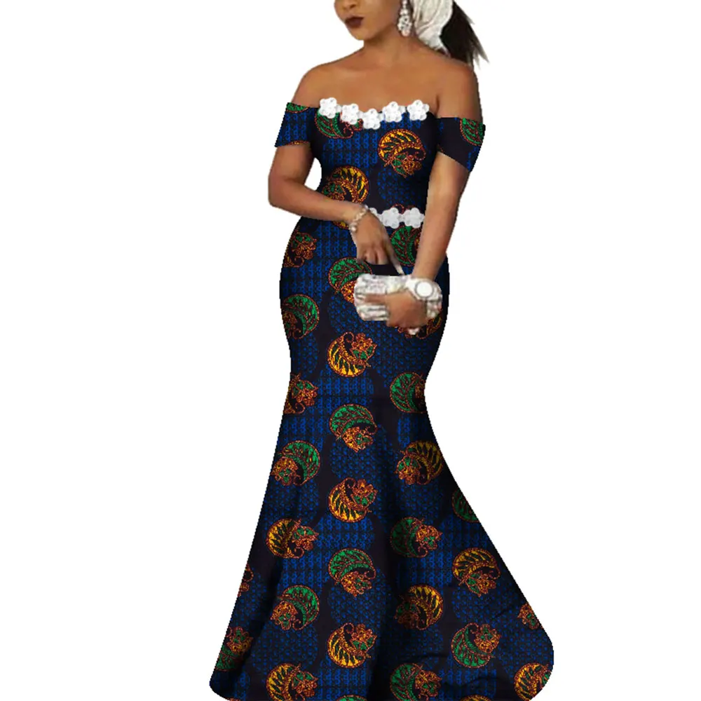 Mode Frauen Afrikanisches Kleid Off Schulter Afrikanischen Druck Baumwolle Lange Maxi Kleider Weiße Blumen Slash Neck Robe Africaine WY4365