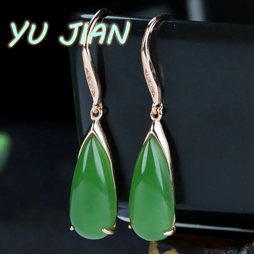 

New A Jasper Water Drop Earrings 925 Silver With Natural Emerald Jade Dangler Exquisite Eardrop Jewelry Fine Holiday Gift