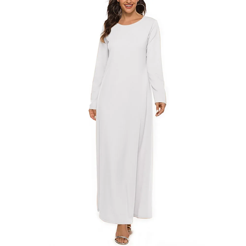 Vestido feminino de pano interno de manga comprida, vestido feminino monocromático muçulmano, liturgia básica Abaya, gola redonda, Oriente Médio, Dubai, Turquia, Diário