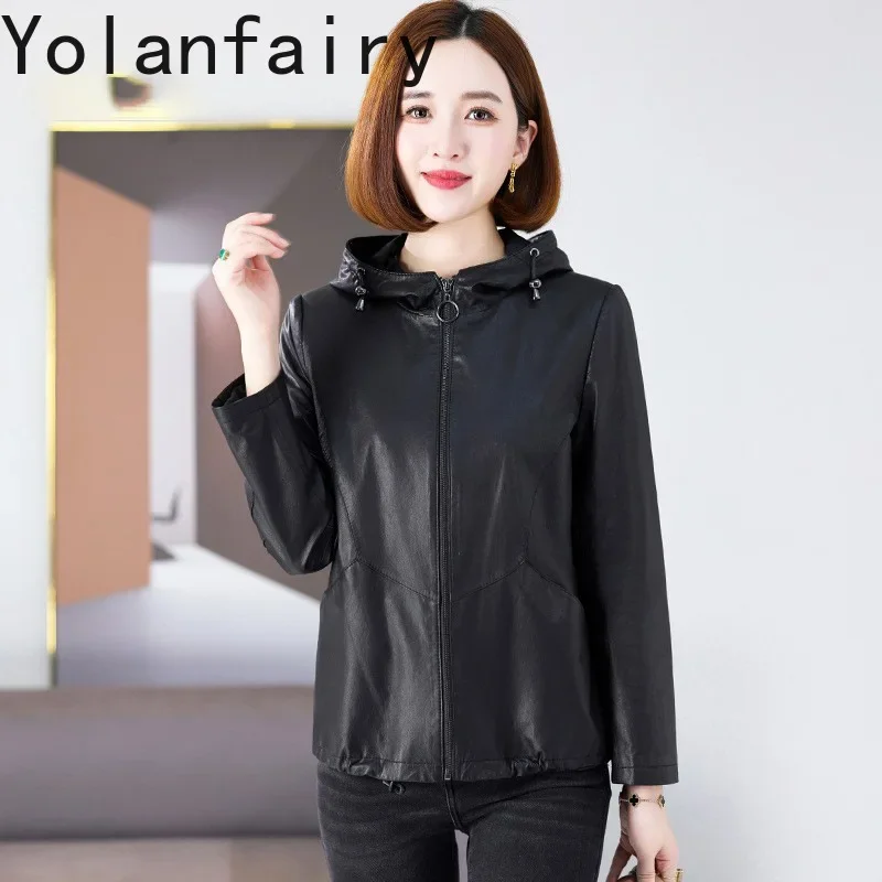 YOLANFAIRY Genuine Leather Sheepskin Women Jacket Spring Hooded Jackets Short Korean Coats Sizes M-4XL Jaqueta De Couro Feminina