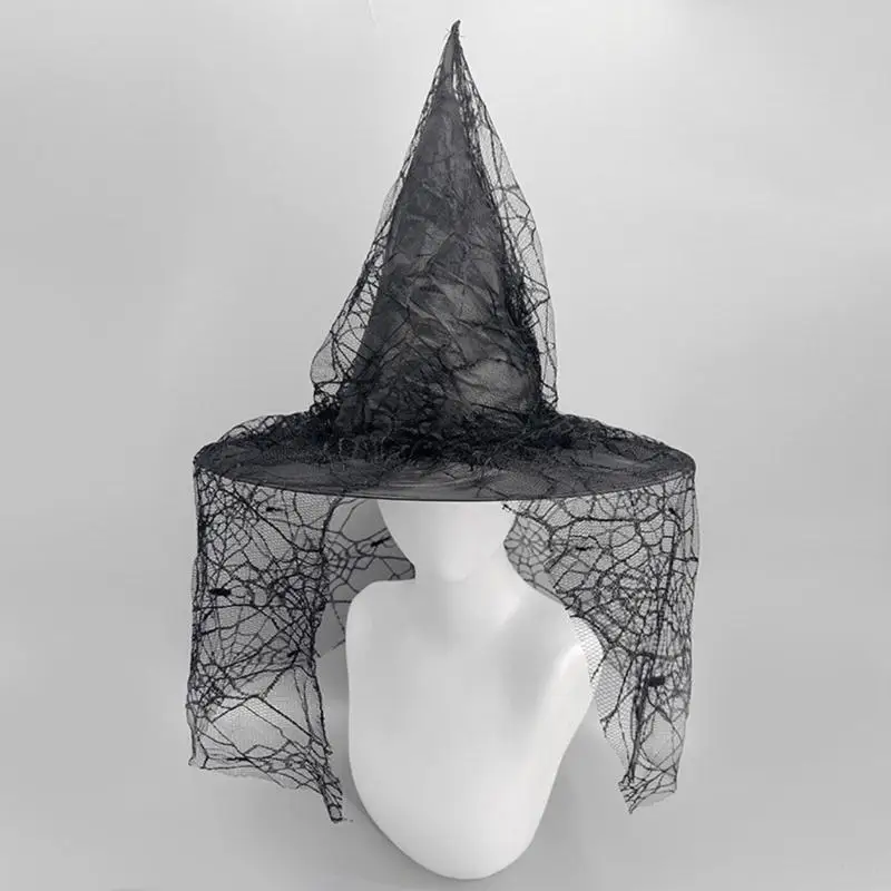 652F Halloween Party Retro Heksenhoeden Zwarte Sluier Tule Puntige Hoed Accessoire