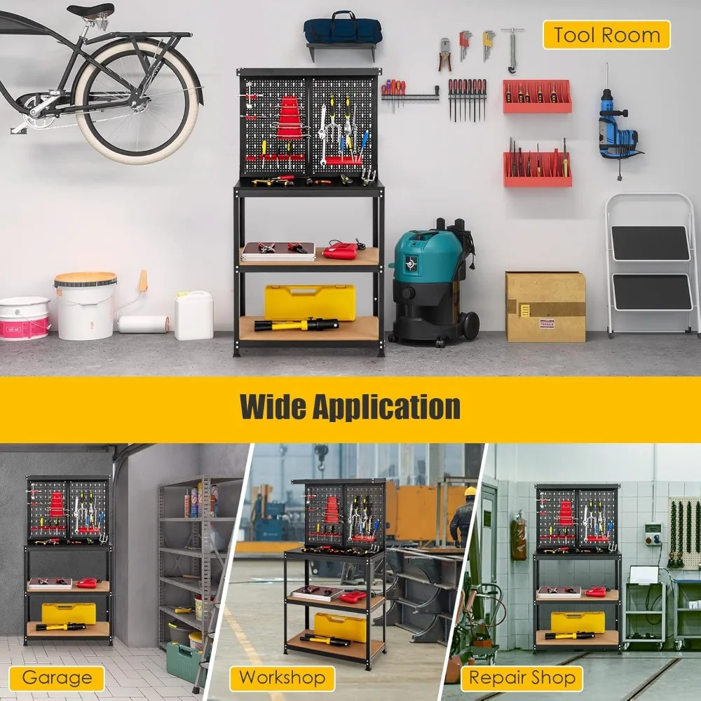 Work Bench, 32" x 16" Metal Workbench with Pegboard, 2 Lower Shelves & 14 Hanging Accessories, Heavy-Duty Steel Tool Bench