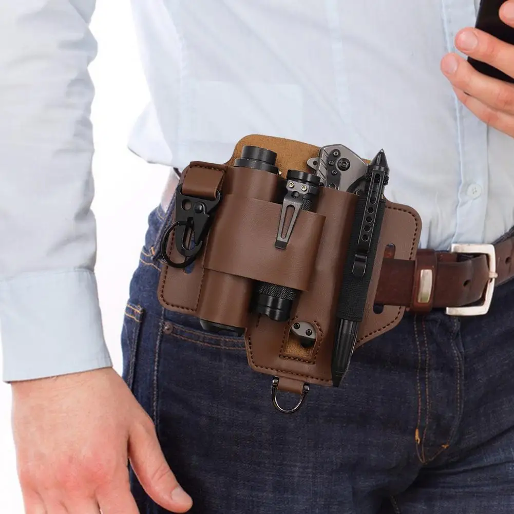 

Multitool Belt Sheath Faux Leather EDC Belt Organizer 3 Pockets Belt Pouch with Flashlight Holder Pen Holder Keychain Clip for M