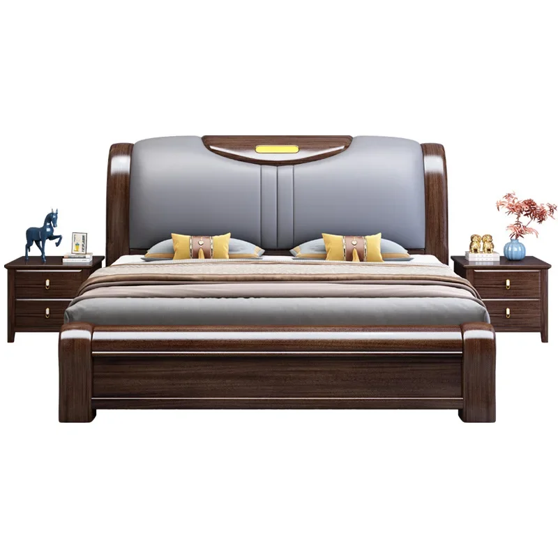 

New Chinese-style solid wood bed master bedroom 1.8m purple gold sandalwood light luxury double bed, modern simple leather