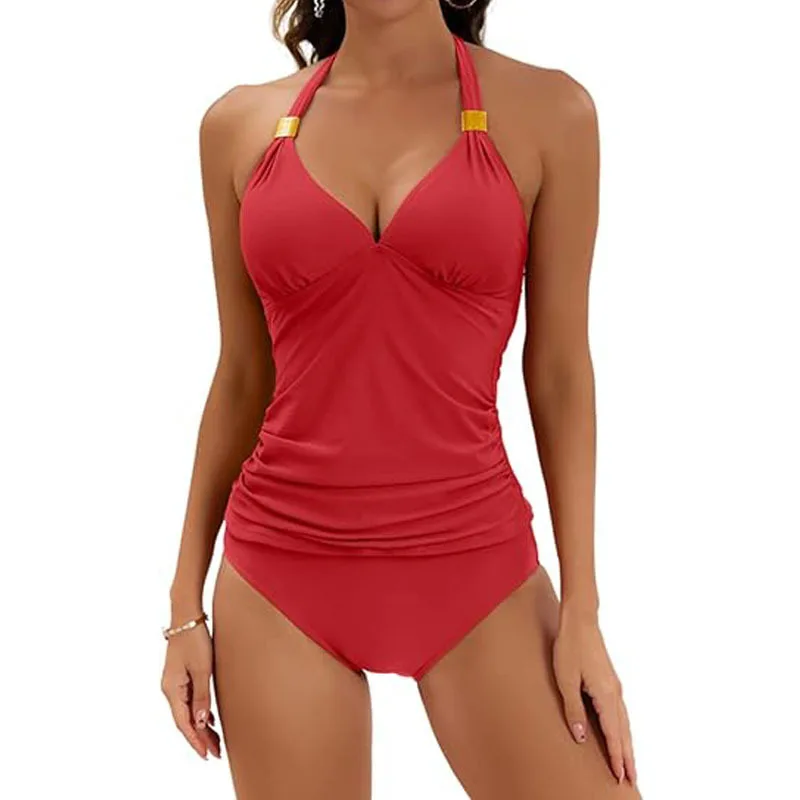 Women's Solid Color Neck Split Strap Two-piece Swimsuit V-neck Swimsuit with Shorts Bikini Sets Women Maillot De Bain Femme