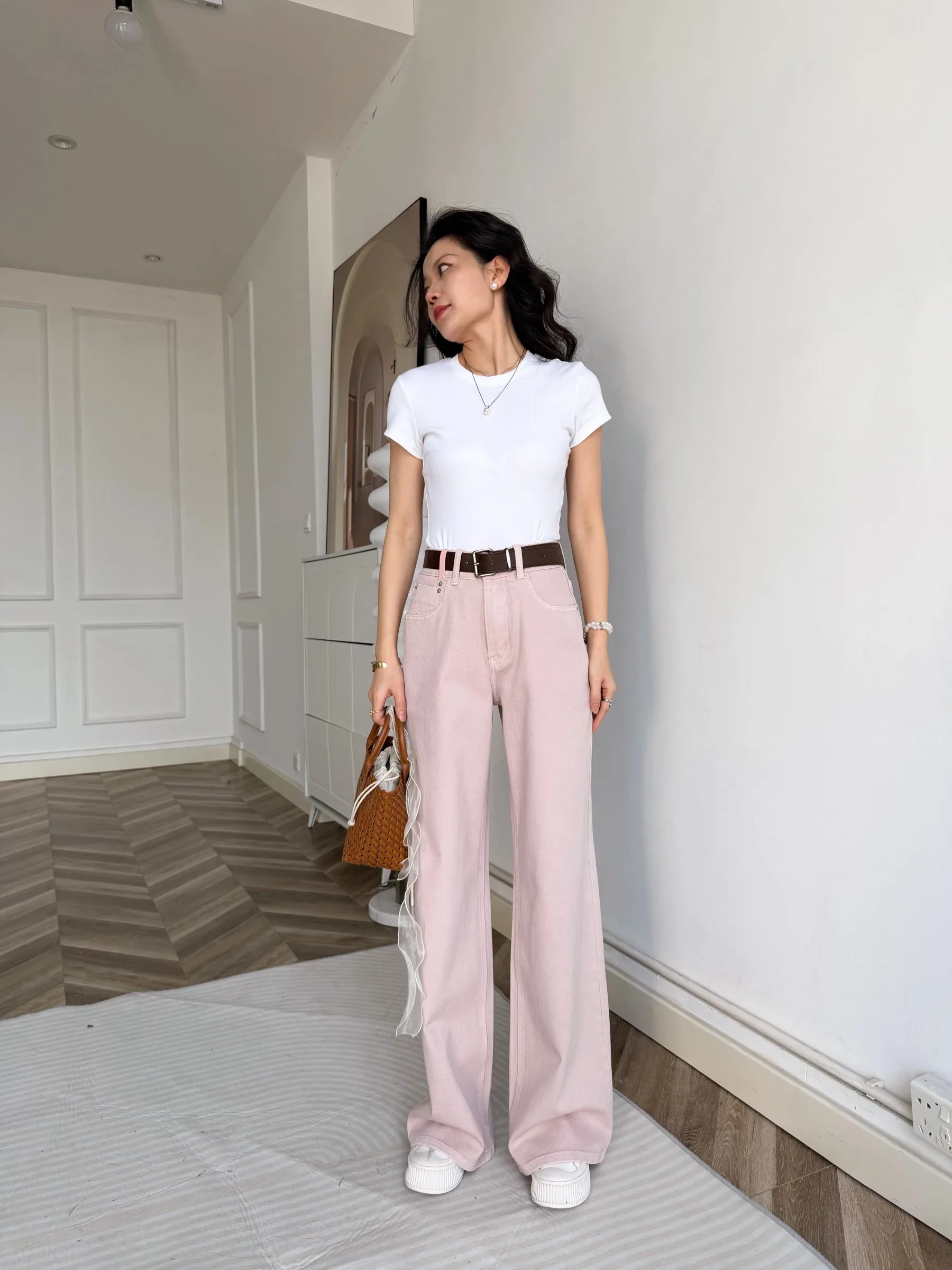 

Mogai Monet Cherry Blossom Soft Not Vulgar mid High Waist Asutec Dyeing Light Pink Thin Straight Leg Jeans Women's Fashion