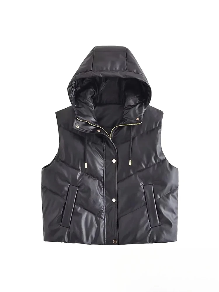 

KONDALA винтажный кожаный женский жилет, однотонный с капюшоном, воротником-стойкой, карманом, молнией, пальто без рукавов, модный осенне-зимний жилет 2025 г.