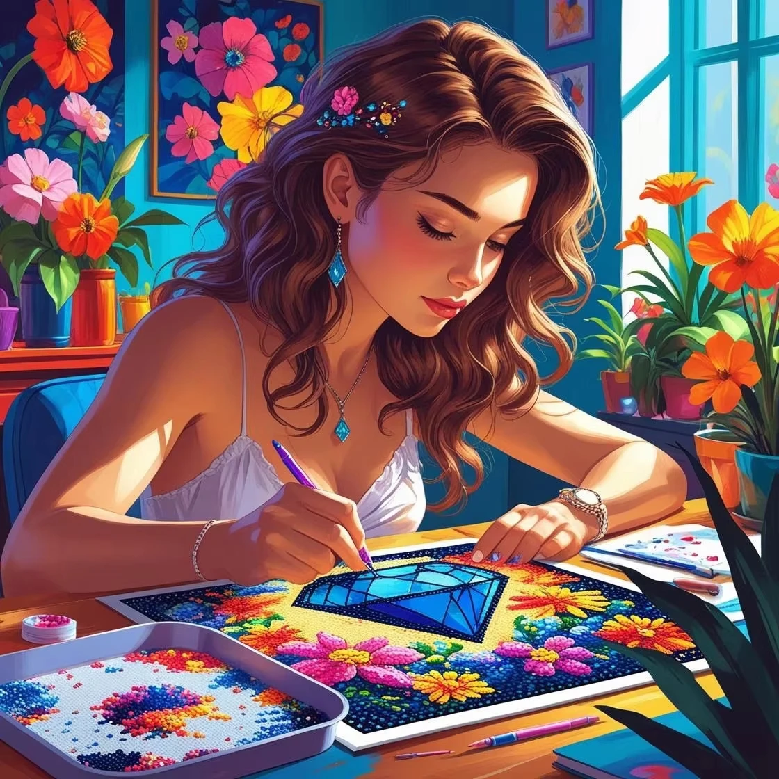 DIY Diamond Painting Artist Lady Diamond Painting, Warm Tropical Floral Window Lady Crafting Diamond Art Pastel Wall Decor Gift