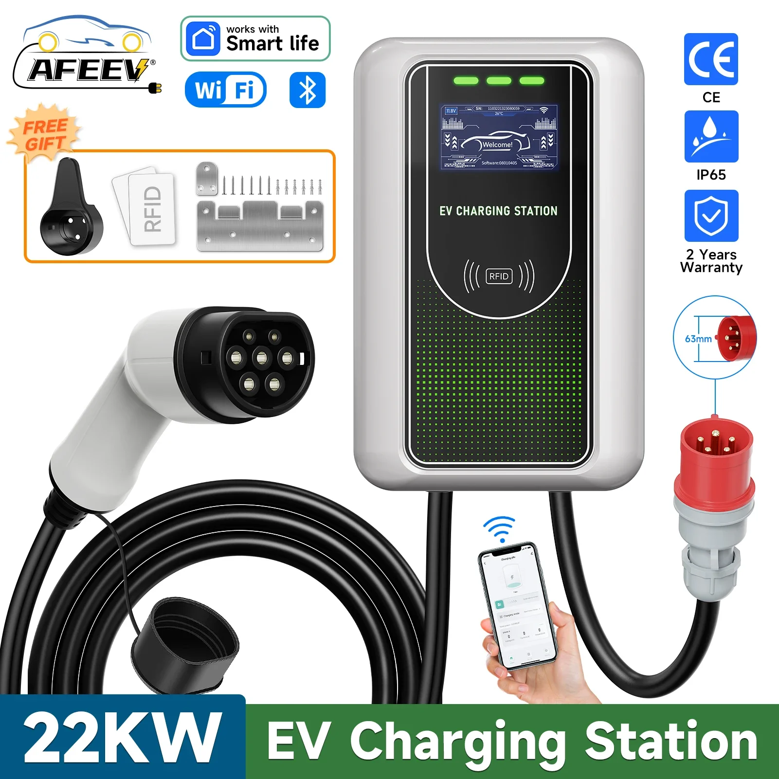 AFEEV-estación de carga EV de 7KW/11KW/22KW con enchufe CEE Type2 IEC62196-2, cargador de coche eléctrico trifásico, Wallbox EVSE, Control por