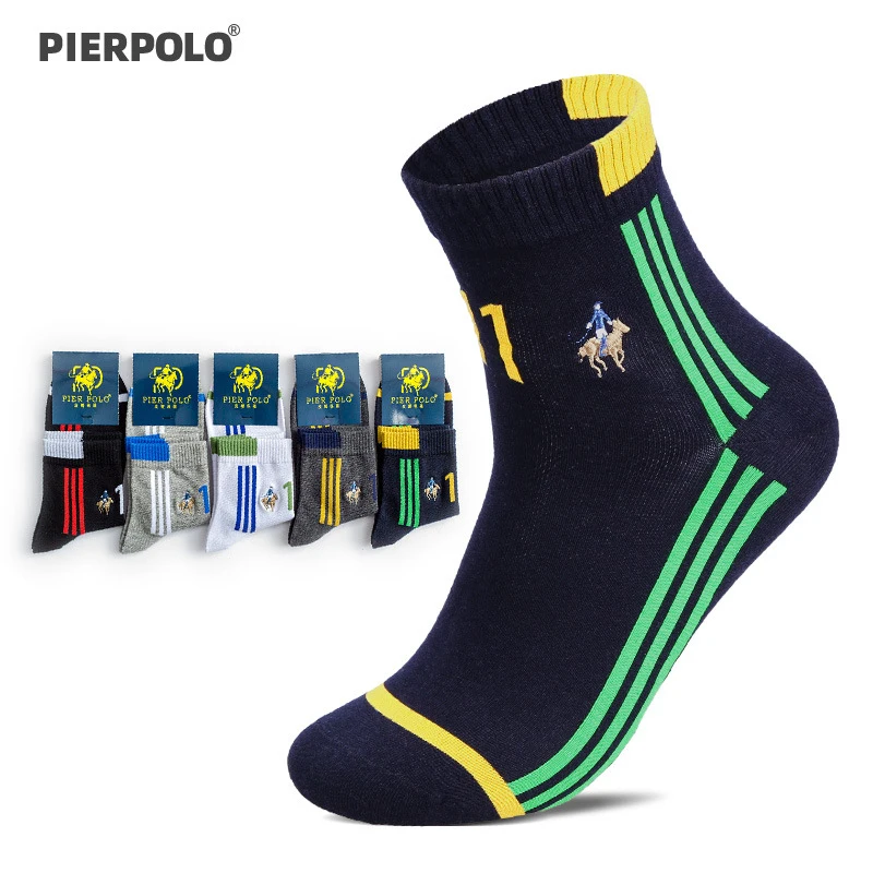 

PIER POLO Socks Fashion Brand calcetines hombre Men Socks Crew Cotton Socks Stripe Embroidery Dress Socks For Men 5Pairs/lot