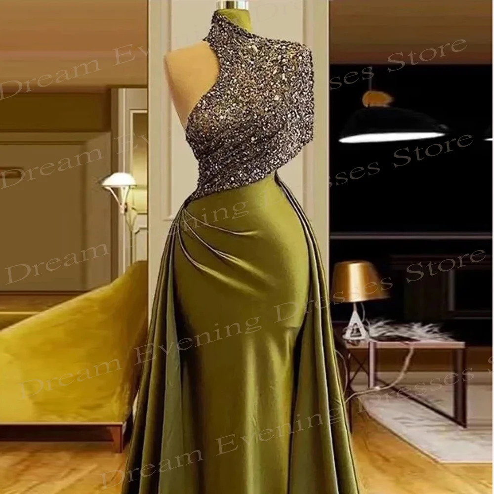 2024 Graceful Dark Green Women's Mermaid Shiny Evening Dresses High Neck Sequined Prom Gowns Sleeveless Pleated Formal Occasion