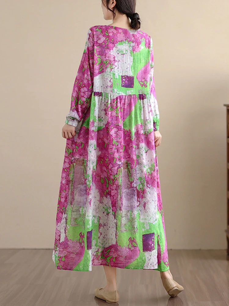 2025 봄 가을 신상 긴팔 면 플로럴 프린트 빈티지 여성용 드레스 캐주얼 루즈핏 미디 드레스 여성 우아한 의류