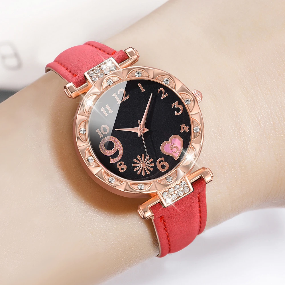 6pcs/Set Red Women Watch Fashionable Minimalist Dial Quartz Wristwatch Alloy Wheat Ear Element Watch Jewelry Set Gift For Her