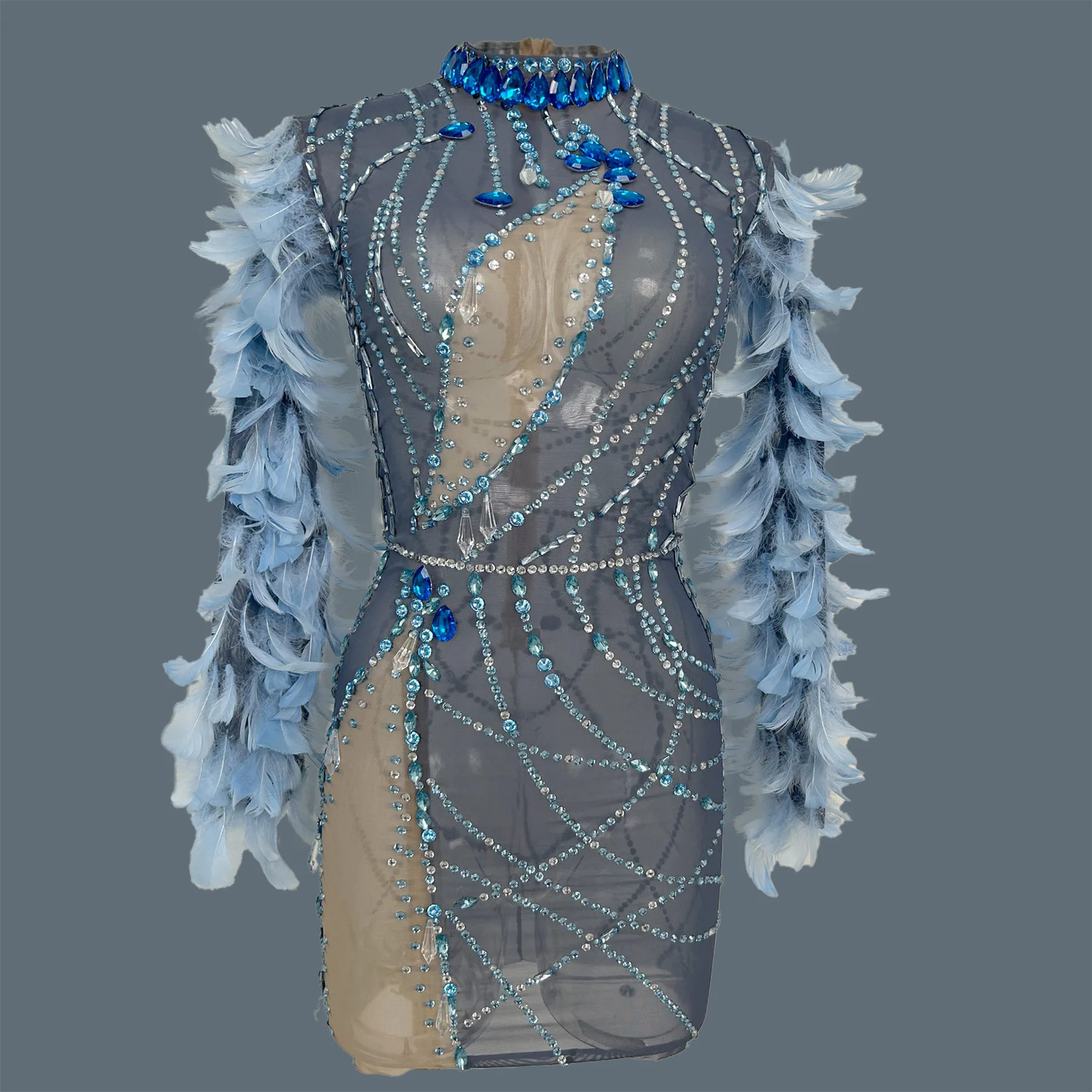 

Sparkly Crystals Blue Feather Long Sleeves Mini Dress Bodycon Sheer Mesh Stage Show Wear Drag Queen Performer Outfit Shanling