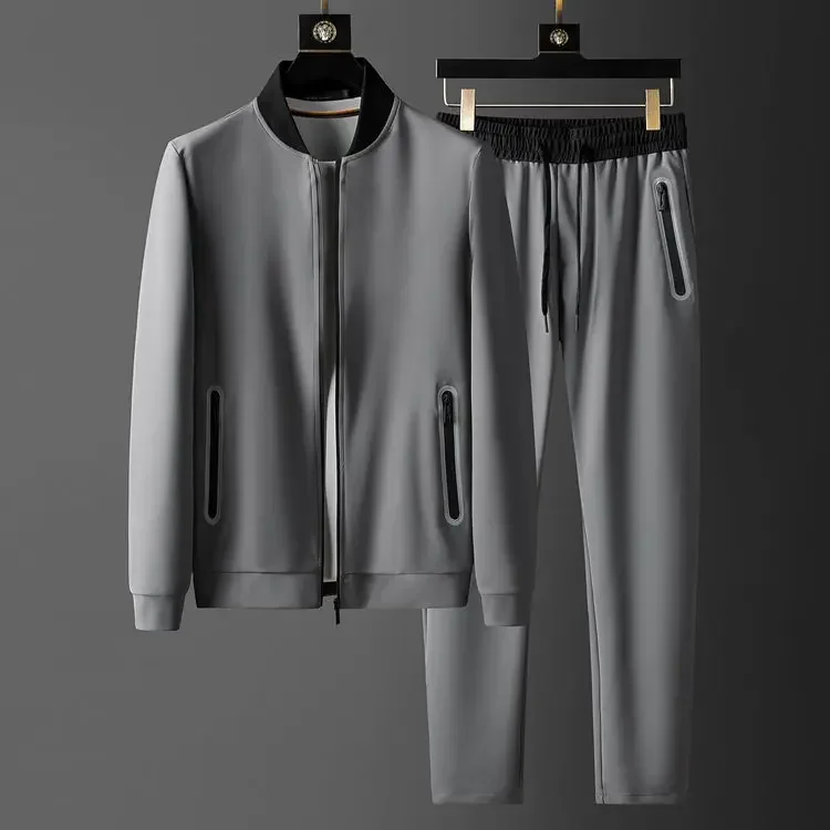 New Grey Stand Collar Mens Sets 2 Pieces Luxury Autumn Zipper Casual Sport Male Sets Fashion Elastic Waist Slim Fit Man Pants