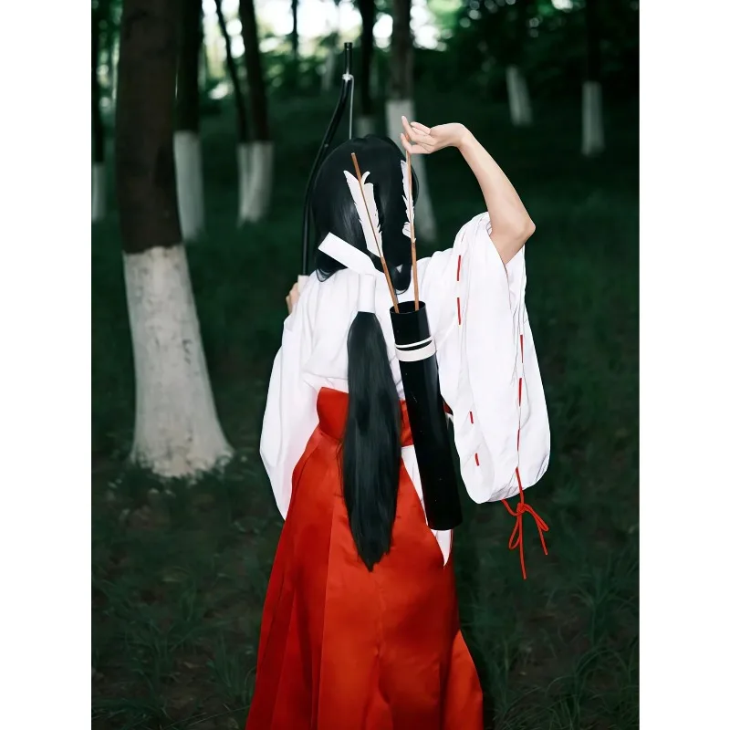 Anime Kikyo Inuyasha Cosplay Costume Red Japanese Kimono Unifrom Wig Set for Women Halloween Men Comic Con Party Roleplay Outfit