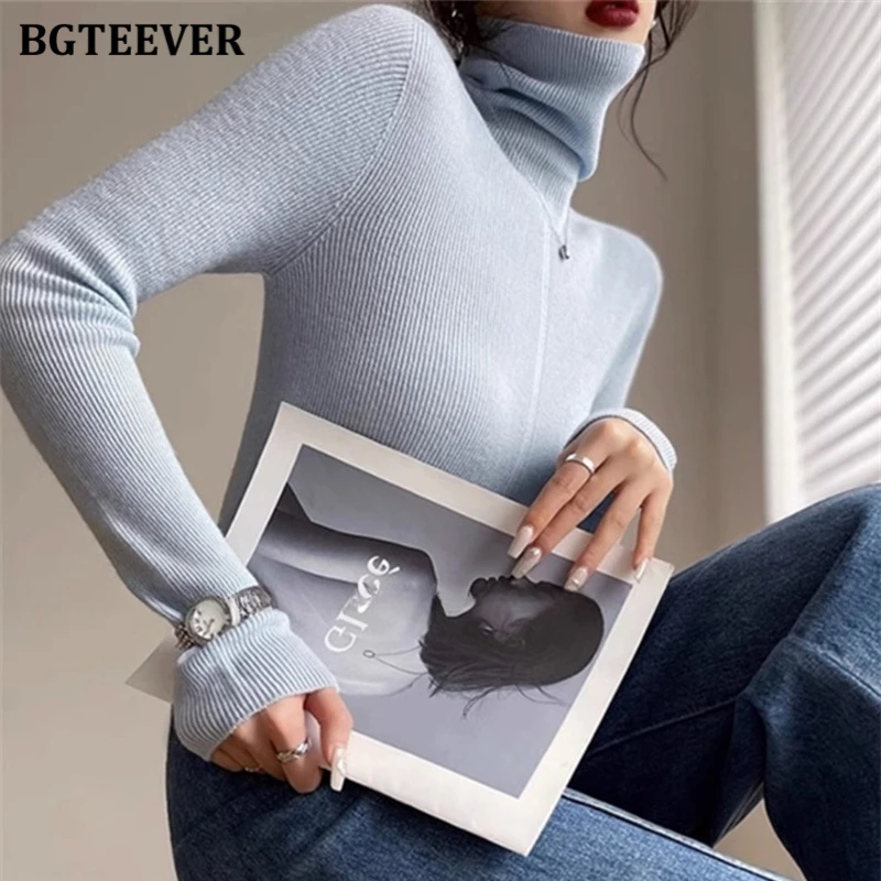 BGTEEVER Elegant Ladies Knitted Turtleneck Sweaters Jumpers Autumn Winter Long Sleeve Skinny Pullovers Women