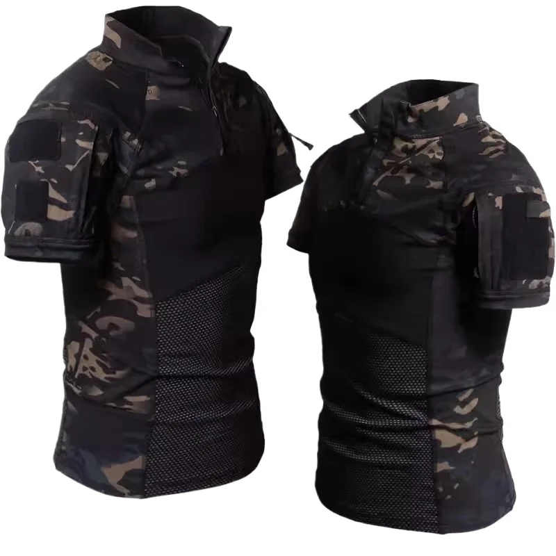 Summer Field Combat Tops Half Zipper Knitting Camouflage Patchwork Tactical T-shirt Breathable Elastic Outdoor Training Tees