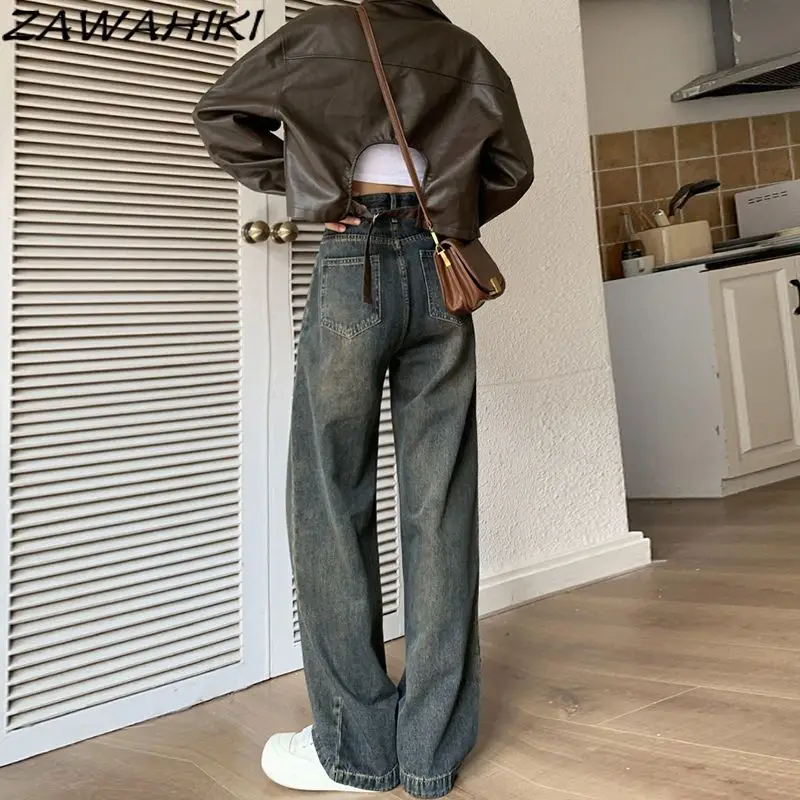 

ZAWAHIKI Jeans Woman American Retro Wide Leg Solid Color Loose New Arrive Grunge Pants Straight Versatile Fashion Streetwear