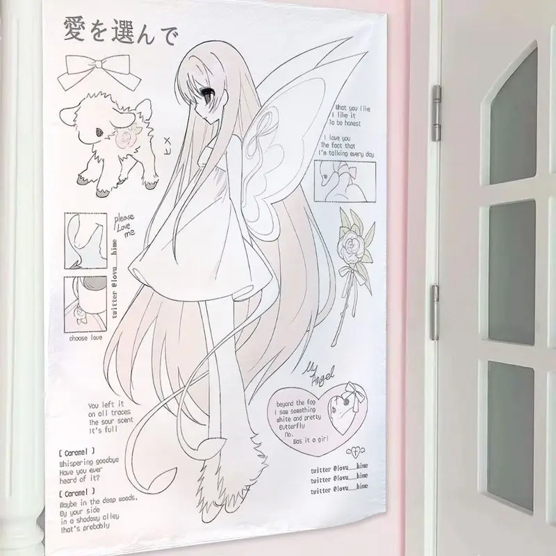 VIKAMA Angel Girl Line Art Tapestry, Minimalist Anime Wall Hanging for Bedroom Dorm Living Room Decor