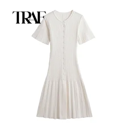 TRAF Casual Knitting Dresses For Women Round Neck Short Sleeve High Waist Patchwork Single Breasted Loose Dress Female ﻿