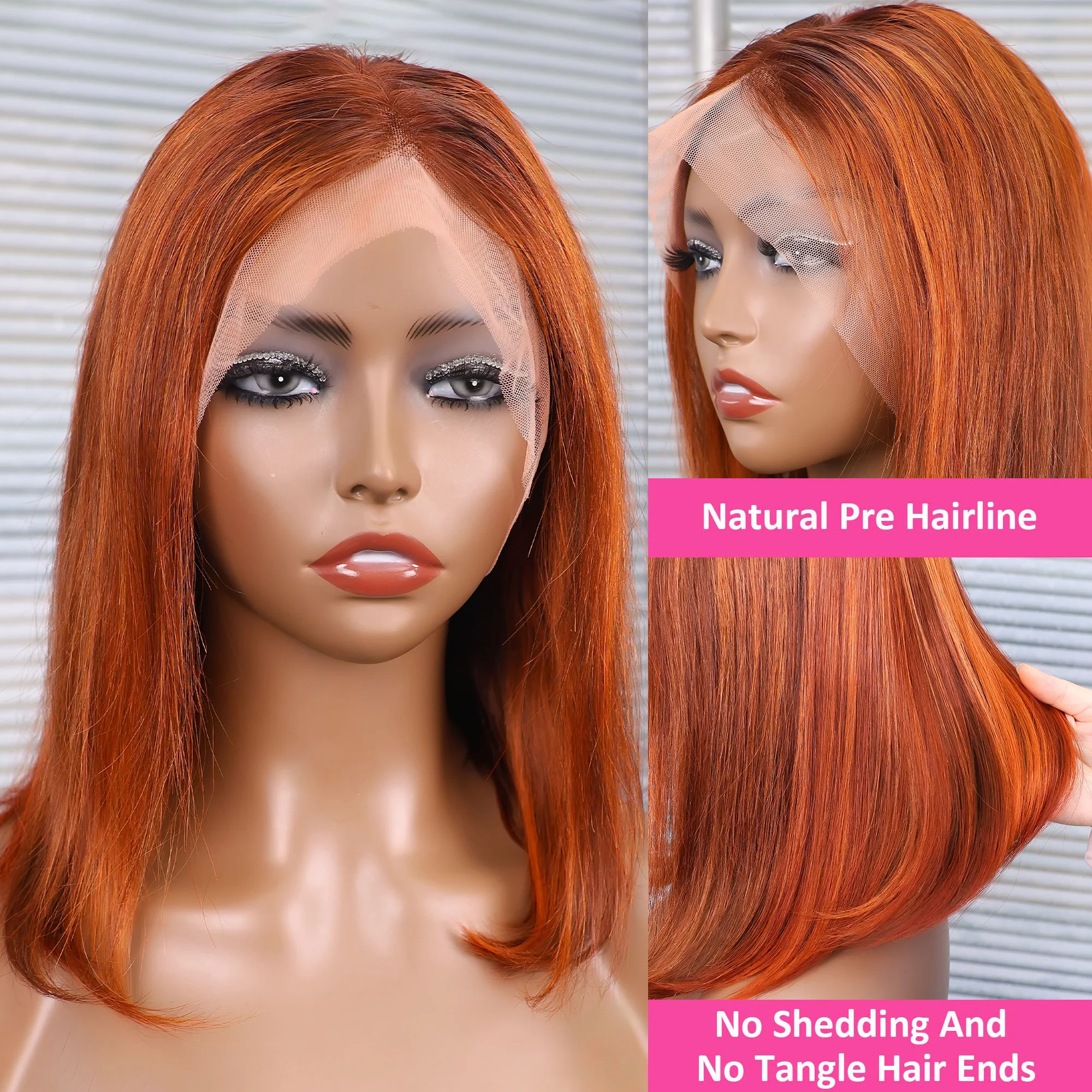 P4/350 ボーンストレートHD 13x4 フルレースフロント 人毛ウィッグ ハイライトブラウンジンジャー人毛ウィッグ ショートストレートボブウィッグ 200%