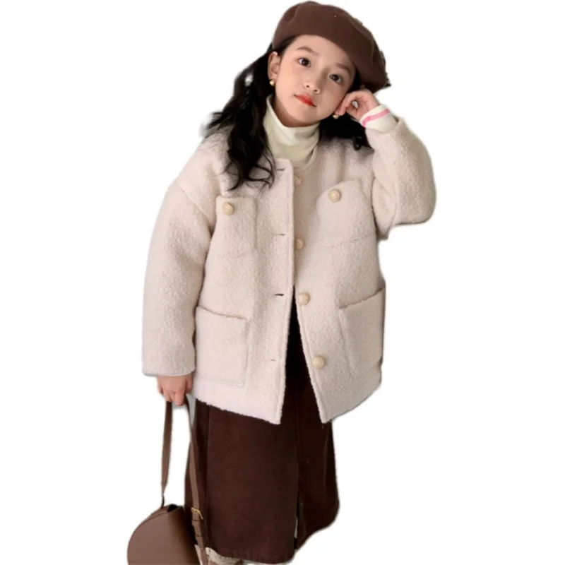 Abrigo de lana para niñas, chaqueta cortavientos Beige cálido más grueso, ropa de algodón para adolescentes y niños, otoño e invierno, 2024