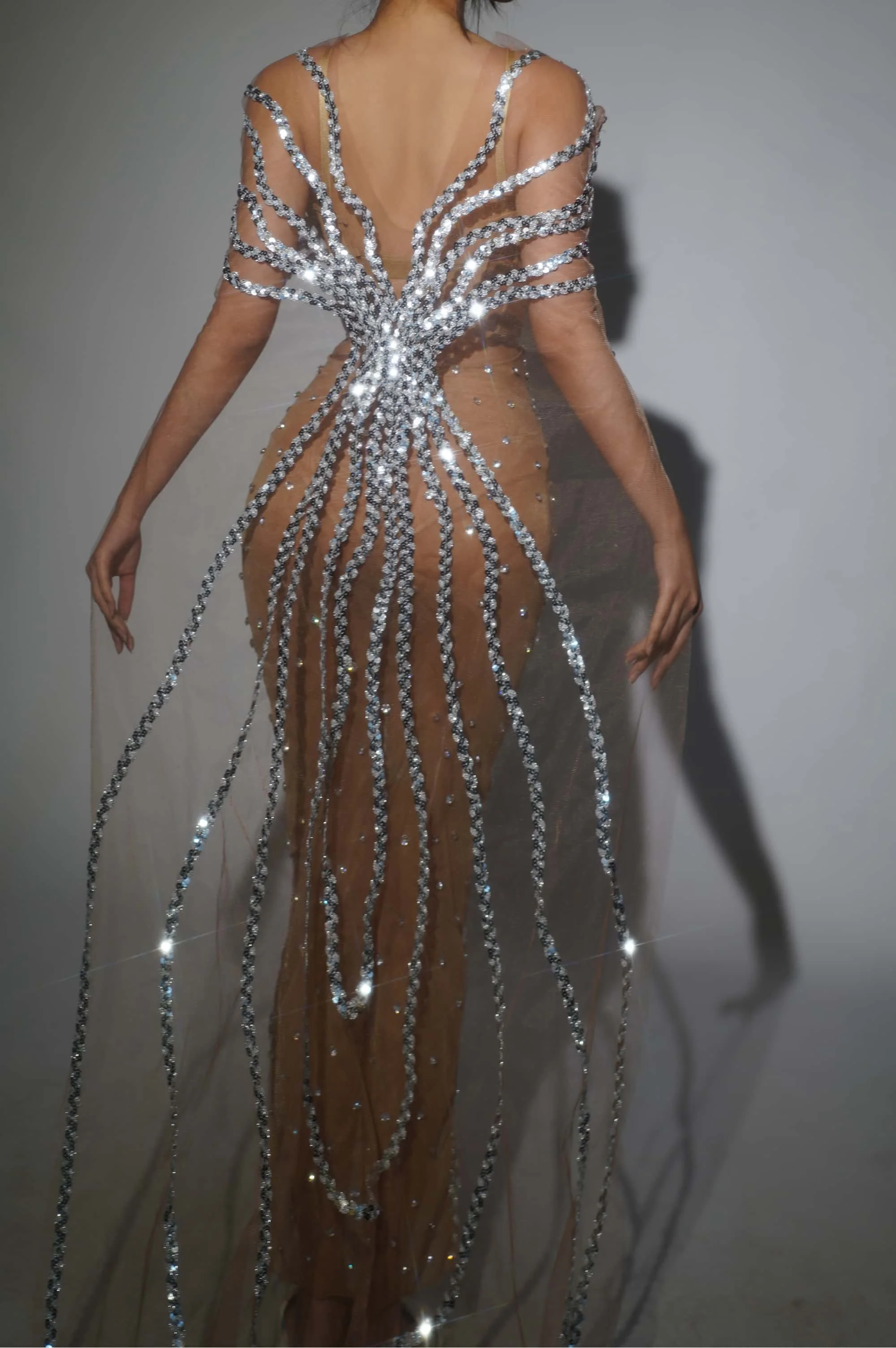 

Dongmai Sparkly Sequins See Through Mesh Long Dress Women Nightclub Party Festival Celebrate Couture gig Outfit Event Stage Wear