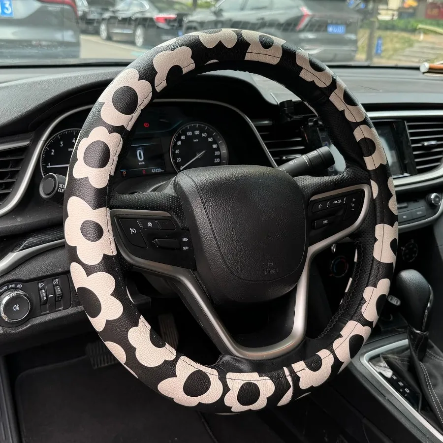Vintage Groovy Flowers Car Leather Steering Wheel Cover 15inch Universal Microfiber Soft and Breathable and Silicone Anti Slip