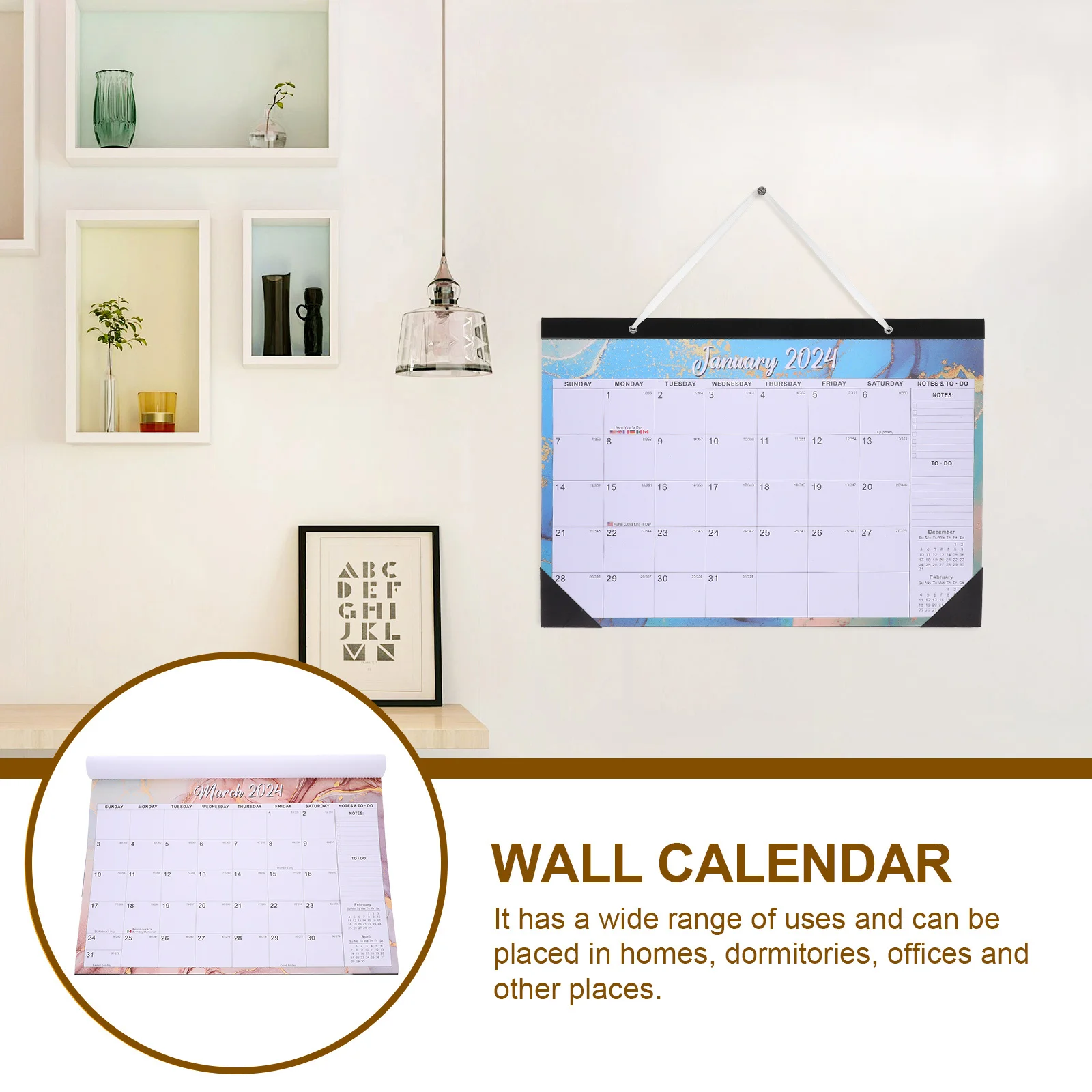 

18pcs English Wall 2024 Household Monthly Hanging Calendar With Notes Sturdy Daily Use Calendar For Home Office Room Decor