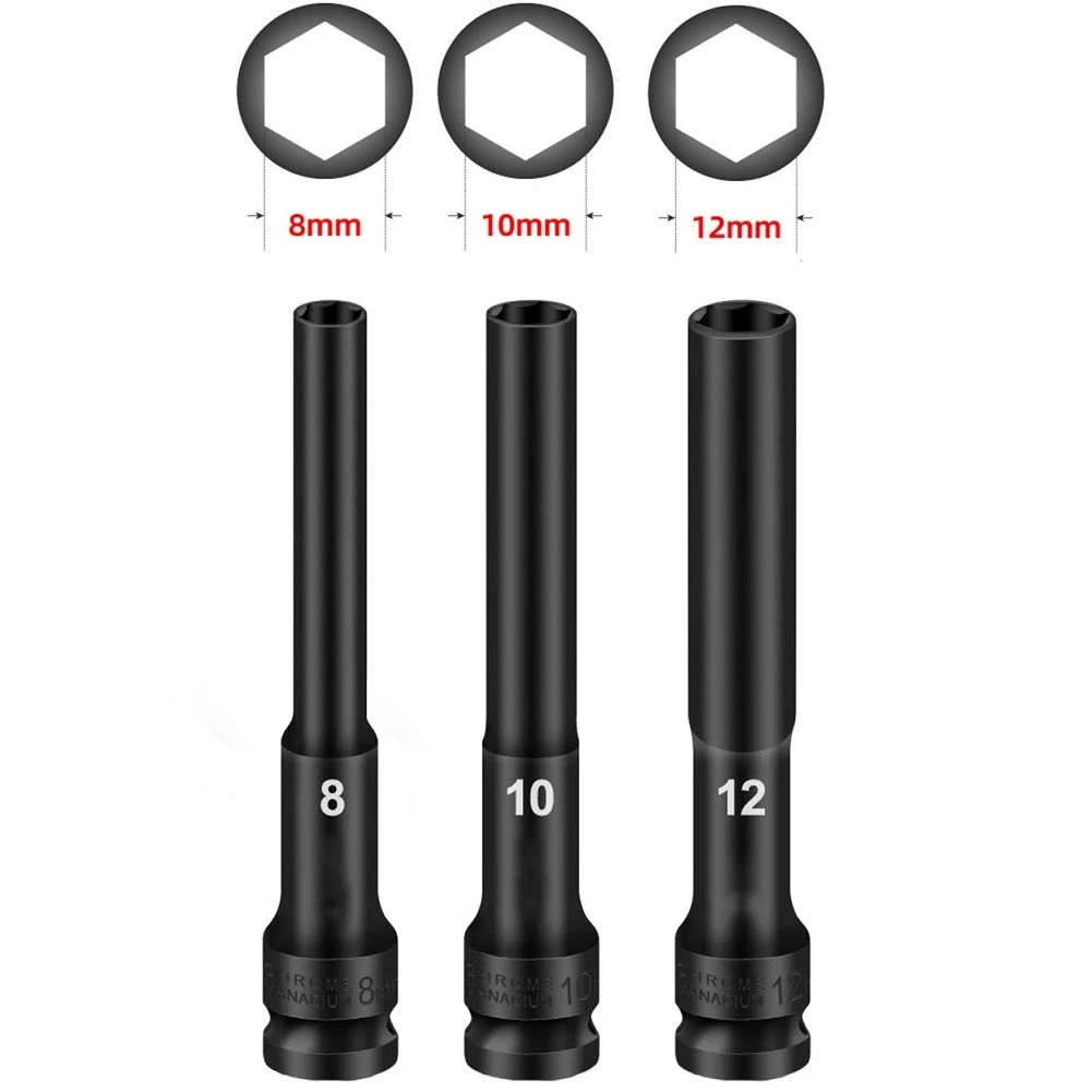 3PCS 1/2 8/10/12mm Drive Socket Head Impact Wrench Hex Adapter Spanner Converter Deepening Air Sleeve Sockets