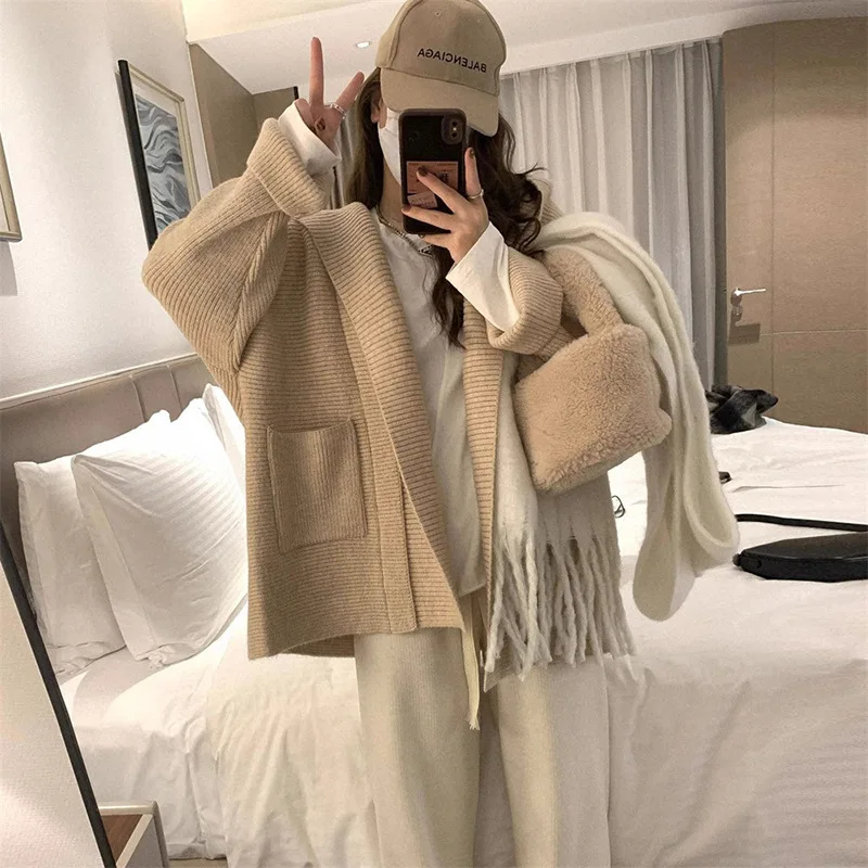 

Fashion Korean High-end Lazy Wind Hooded Pocket Knitted Cardigan New Design Sweater Jacket 2025 Spring And Autumn New Street Wom
