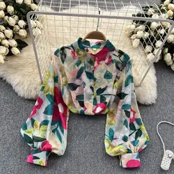 Vintage Flower Printed Lantern Long Sleeve Blouse Fashion Office Lady Floral Shirt Elegant Button Long Sleeve Tops Blusas 21620