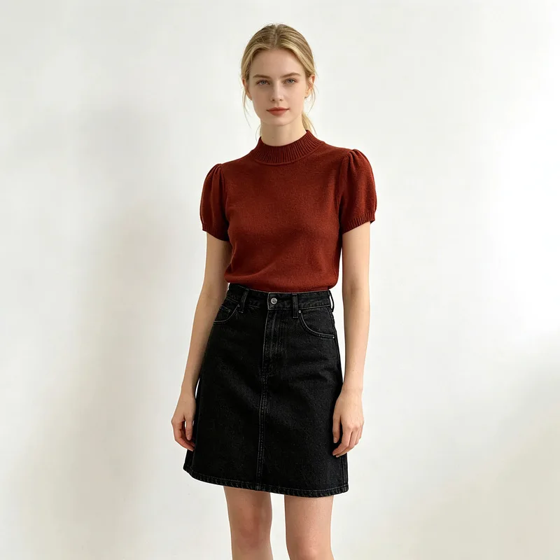 New Early Autumn Women'S Half-Turtleneck Knit Top With Puff Sleeves, Elegant And Versatile, Slimming Base Layer Shirt