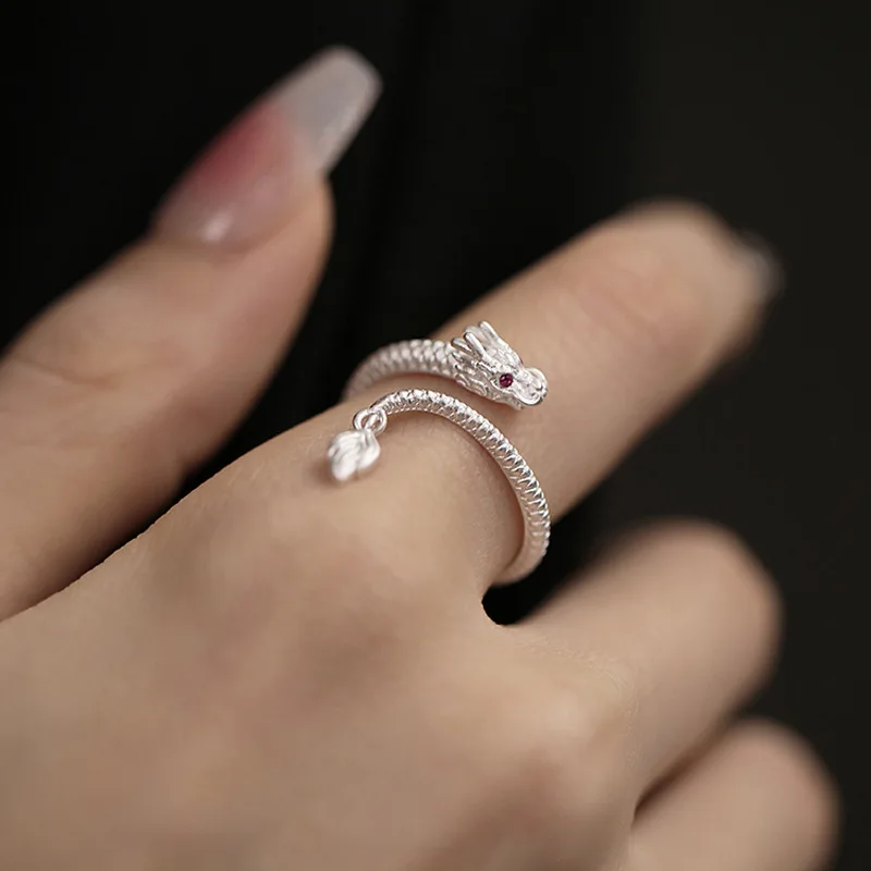 VENTFILLE 925 Sterling Silve Long Dragon Ring for Women Girl Irregular Texture Red Zircon Jewelry New Year Gift Dropshipping