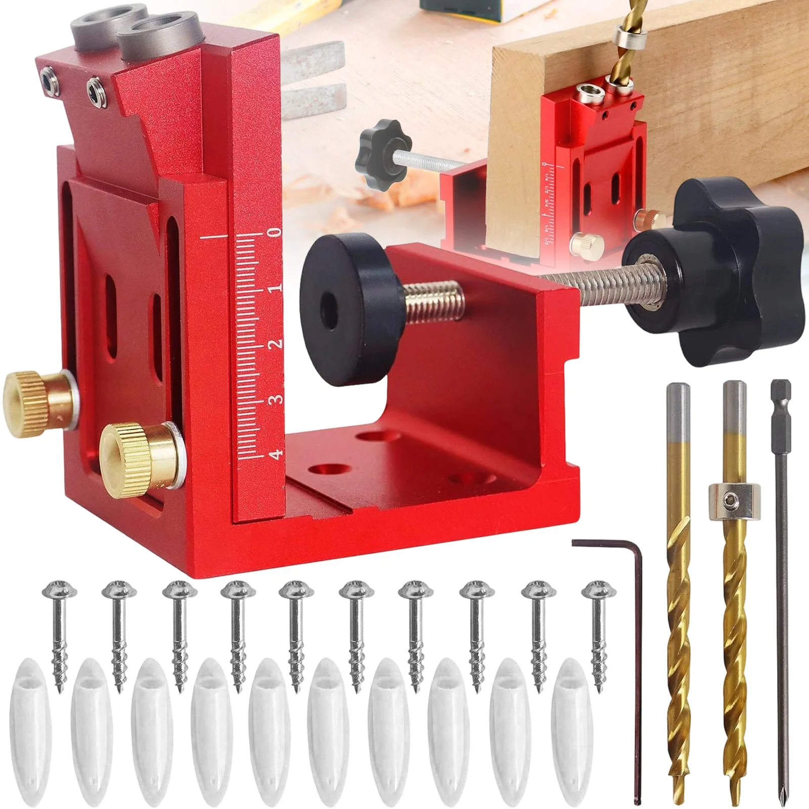 Juego de 1 herramienta abridora de agujeros 3 en 1 para madera, plantilla de perforación de aleación de aluminio con accesorio ajustable y localizador de agujeros inclinados para carpintería.